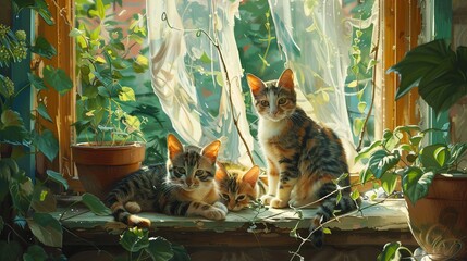 A mother cat and her kittens lounging in a sunny spot by a cottage window, surrounded by potted plants and draping ivy. Emphasize an impressionistic style - obrazy, fototapety, plakaty