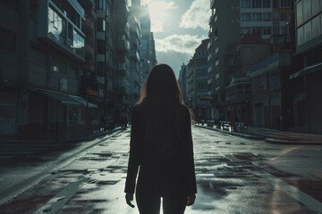 A woman's shadow is cast on a city street, backlit by a striking sunburst through the overcast sky. Concept of loneliness and isolation - obrazy, fototapety, plakaty