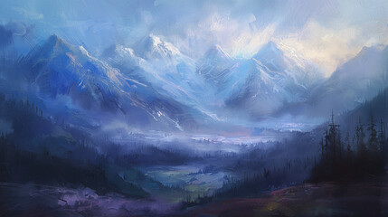 Misty Mountain Landscape Impressionist Art - obrazy, fototapety, plakaty