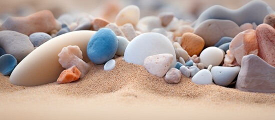 A collection of various rocks and stones scattered across a sandy beach by the seashore, forming a pile under the sun