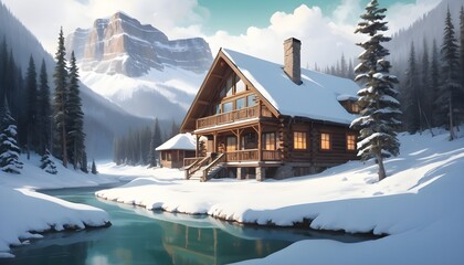 Naklejka premium house in the mountains, Photorealistic wooden house with timber structure 