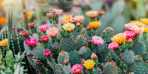 Cacti displaying a stunning array of flowers, with colors from fiery orange to soft pink.