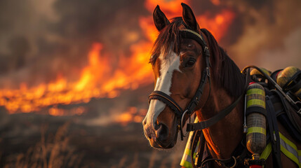 A horse is standing in front of a fire - obrazy, fototapety, plakaty