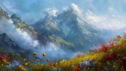 A mountainscape viewed from a high meadow, with wildflowers in the foreground and the distant peaks shrouded by low-hanging clouds. Emphasize an impressionistic style - obrazy, fototapety, plakaty