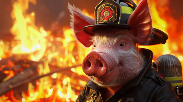 A pig is wearing a fireman's hat and is standing in front of a fire