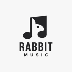Music melody note and negative space rabbit logo icon vector template on white background