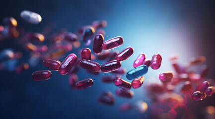 Healthcare and medical, pharmacy and medicine, antidepressant and vitamin concept. Group of 3d pills and medicine capsules flying. Close-up of painkillers in motion dynamics	
