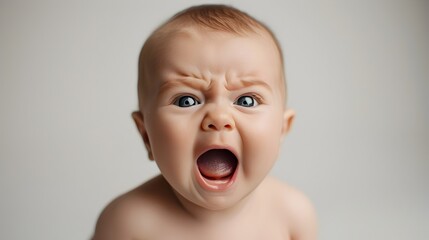 Screaming Infant with Wide Open Mouth and Eyes Against Clean White Background Expressing Strong Emotion