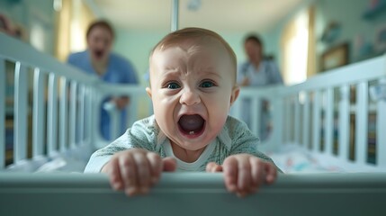 Distressed Infant Screaming in Crib with Blurred Nurse Running to Provide Care in Hospital Nursery Ward - obrazy, fototapety, plakaty