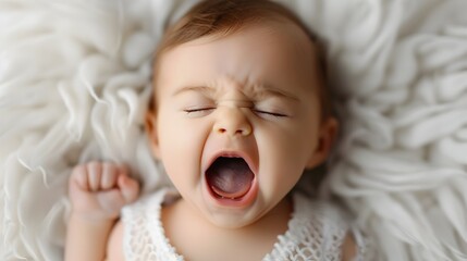 Adorable Newborn Baby Girl Screaming Loudly with Closed Eyes on Soft White Background