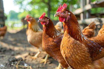 Brown chickens with red combs in an outdoor farm setting.