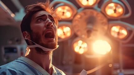 Intense Haunting Moment of a Surgeon Screaming with Horror in a Diffused Medical Lighting