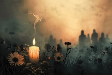 Mystical Candlelight Vigil with Daisies, Ethereal Smoke and Shadowy Figures in Background