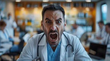 Enraged Doctor Screaming in Busy Office with Copy Space