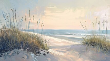 A quiet beach scene with pale sand dunes and sparse sea oats, the distant ocean blending seamlessly into a pastel sky. Emphasize an impressionistic style - obrazy, fototapety, plakaty