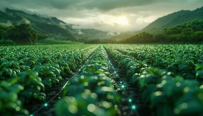 AI-Powered Agriculture: Farm of Tomorrow, an advanced agricultural landscape where drones, sensors,
