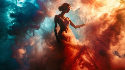A woman is wearing a dress, the skirt is composed of smoke like the color of the Northern Lights, dazzling and soft like feathers, the whole is full of beauty, large portrait, AI Generative