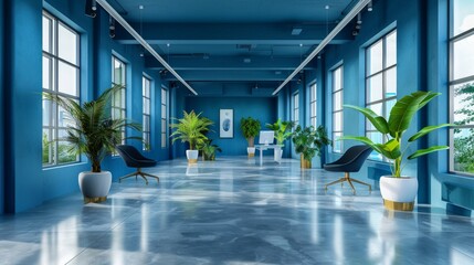 blue office corridor, concrete floor, loft-style windows, continuous ceiling lights, business and financial design theme, spacious interior concept, AI Generative - obrazy, fototapety, plakaty
