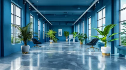 Selbstklebende Fototapeten blue office corridor, concrete floor, loft-style windows, continuous ceiling lights, business and financial design theme, spacious interior concept, AI Generative © sorapop