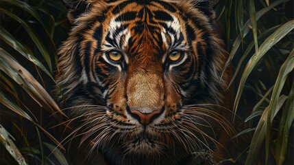 close-up Sumatra tiger, captivating eyes, majestic wilderness embodiment, photorealistic, commanding, subtle ambient light, AI Generative - obrazy, fototapety, plakaty