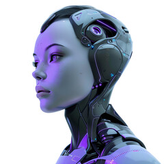 An android portrait rendered in soft pastels, with purple and blue dominating her palette