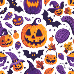 Halloween pumpkin and decorations seamless pattern background.
