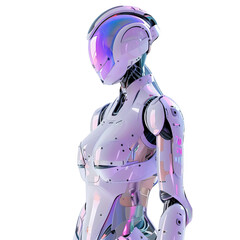 An android designed with sleek pastel aesthetics in purple and blue, her image rendered photorealistically with ray tracing