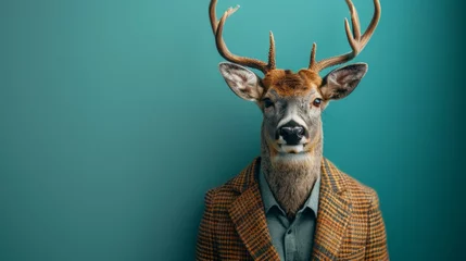 Foto auf Acrylglas Antireflex Modern Xmas Deer, hipster sunglasses and business suit, exuding boss vibes, trendy pastel teal backdrop, a creative holiday spirit, AI Generative © sorapop