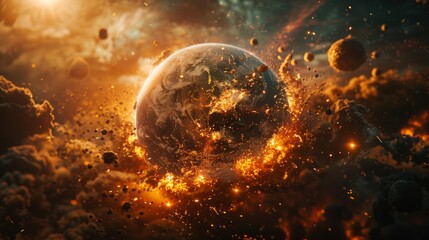 Planet Earth ablaze, American continents spared amidst global nuclear devastation, stark visual warning, AI Generative - obrazy, fototapety, plakaty