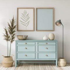 Blank interior wall background for frame, painting, poster, canvas picture, blue chest of drawers, home interior, 3D render
