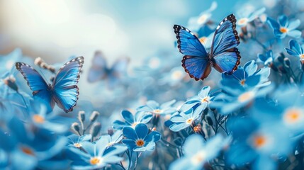 swarm of blue butterflies, mid-flight, vibrant against clear sky, whimsical, delicate movement, soft focus background, AI Generative