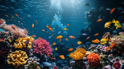Obraz na płótnie Canvas The underwater world alive, coral reefs bursting with hues, schools of fish weaving through the clear waters, a serene exploration of the ocean's hidden treasures, AI Generative