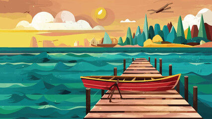 Coastal Serenity: Rowing Boats, Seagull on Pier - Vector Illustration for Seaside Holiday Travel Poster