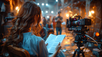 back shot of an actress sitting on a chair in a movie set, holding and reading a script in one hand. generative ai
