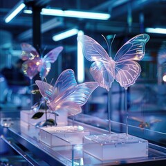 A futuristic lab where butterflies are bioengineered with photosynthetic wings merging sustainability with technology