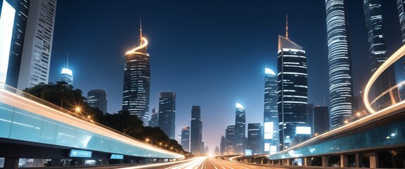 Futuristic City Skyline at Night with Illuminated Skyscrapers -- Banner Background Wallpaper