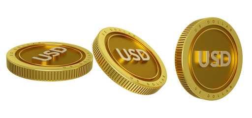 US currency iso code on gold coin isolated on transparent background, 3D rendering of set of abstract golden US dollar coins concept in different angles. 
