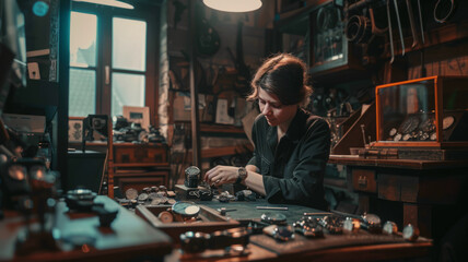 old female watchmaker repairing a watch in her watch store,generative ai