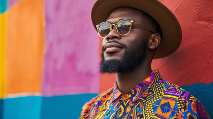 A proud and confident black man wearing a traditional Caribbean shirt with bold geometric patterns paired with a fedora and sunglasses for a modern twist showcasing the evolution of .