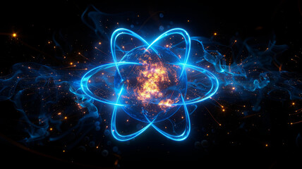 a glowing blue atom with energy lines emanating from it, black background,generative ai