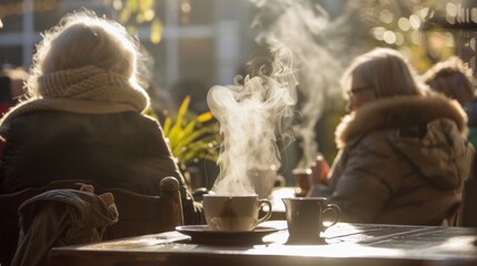 As the steam rises from cups of tea a group of people with backs turned away engage in a reflective conversation. The . . - obrazy, fototapety, plakaty