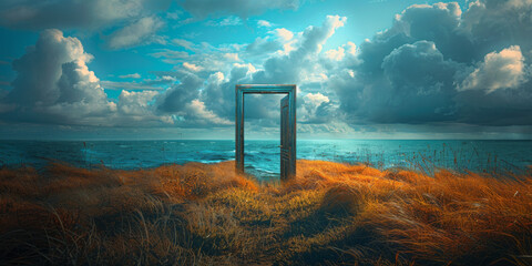 A door is open in the middle of an empty grass field, leading to beautiful cloudy sky with ocean and landscape,generative ai