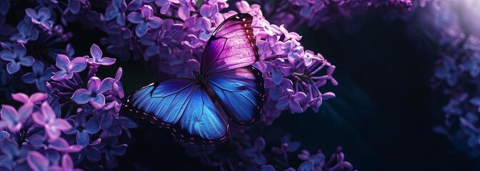 Beautiful Morpho Butterfly with Open Wings on Flowers Isolated on Black Background. Copy Space Concept in the Style of Virtual Reality. A Bright Purple Morpho Flying Near Blooming Lilac Flowers. - obrazy, fototapety, plakaty