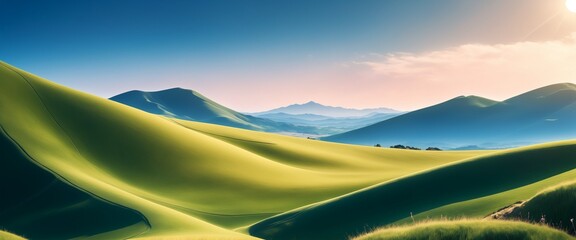 Serenely Rolling Green Hills under a Clear Blue Sky -- Banner with Copy Space Background Wallpaper