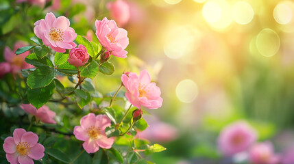 Nature background with wild rose flowers