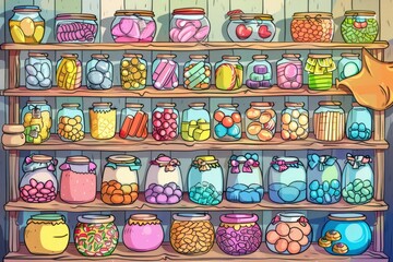 Fototapeta na wymiar Cartoon cute doodles of a little candy shop with colorful jars of sweets and candies lining the shelves, Generative AI