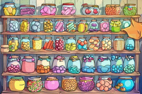 Cartoon cute doodles of a little candy shop with colorful jars of sweets and candies lining the shelves, Generative AI