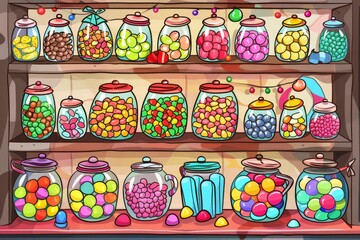 Cartoon cute doodles of a little candy shop with colorful jars of sweets and candies lining the shelves, Generative AI