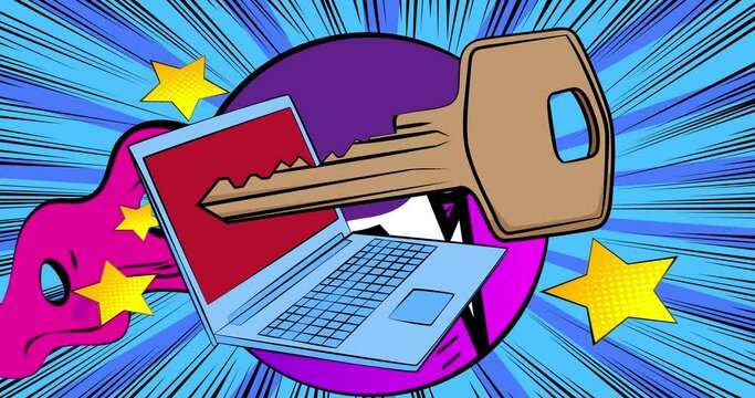 Cartoon Laptop, comic book Notebook with Key. Retro cartoon comics pop art animation.