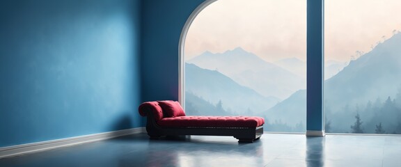 Elegant Red Chaise Lounge a Modern Room with Mountain View -- Banner with Copy Space Background Wallpaper
